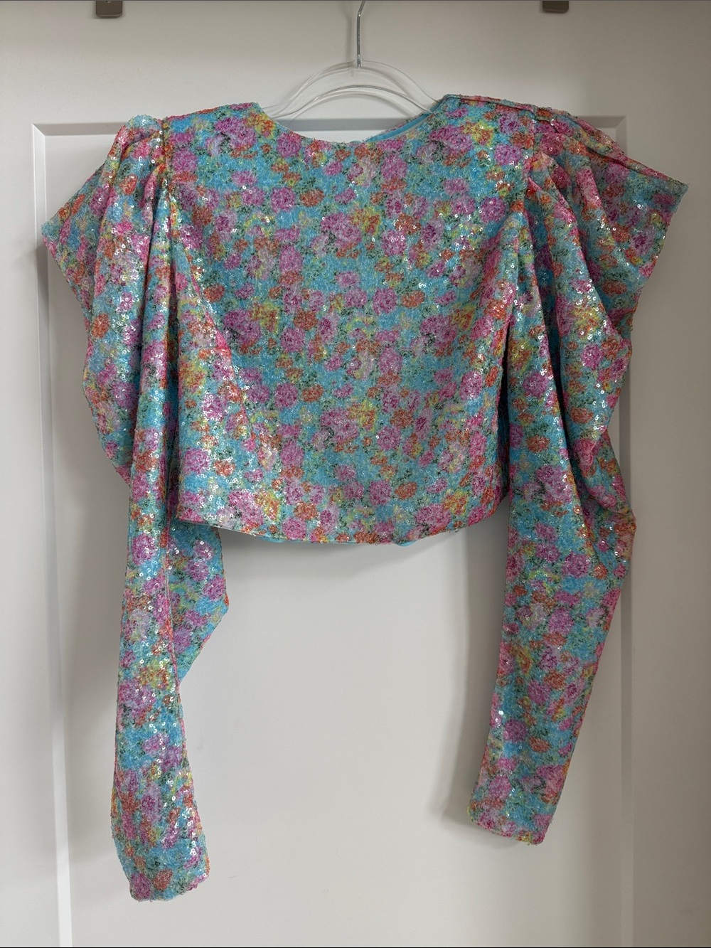 LPA Sequin Floral Puff-Sleeve Crop Top - Turquoise Pink